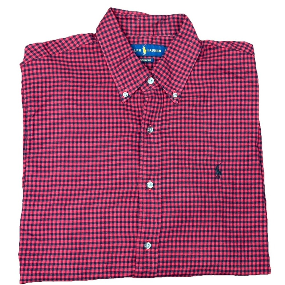 Polo Ralph Lauren Shirt Mens Large Red Black Gingham L/S Classic Fit Button Down